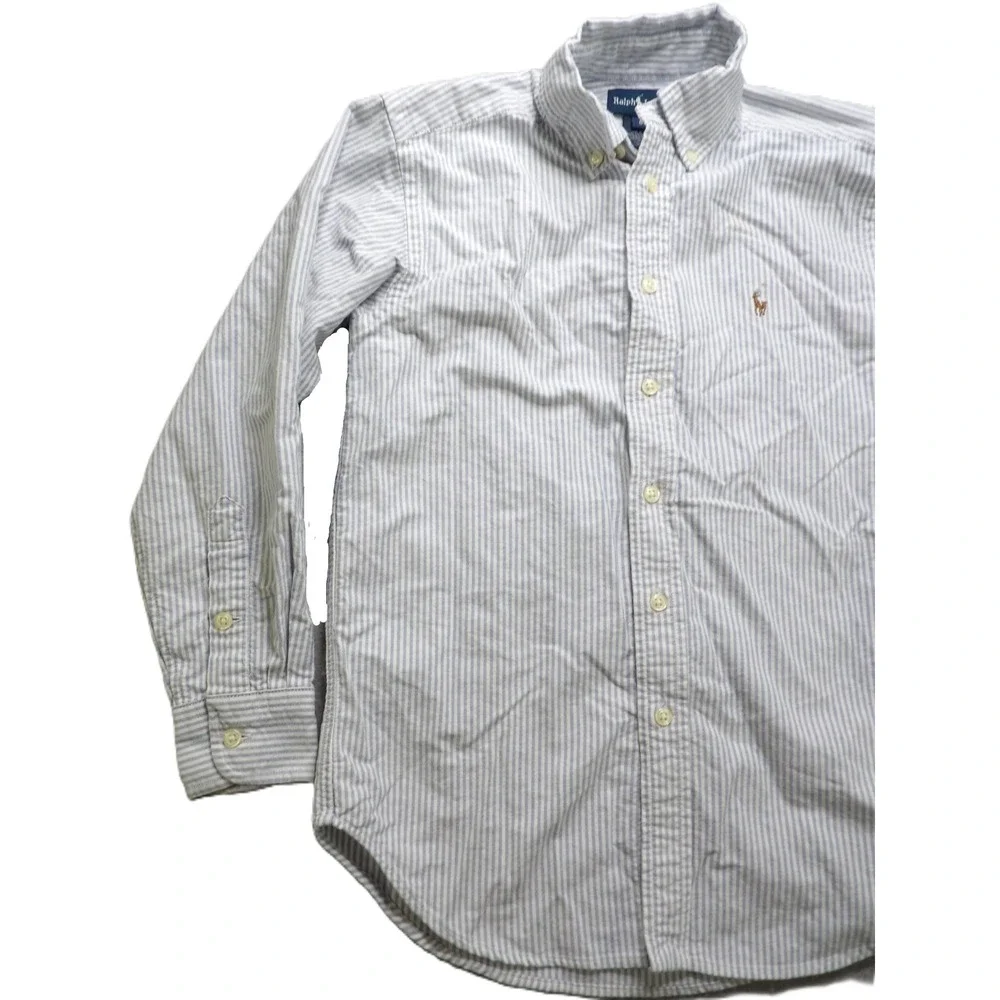 Ralph Lauren Boys Stripe Oxford Shirt Cotton Button Down 8 Light Blue White Pony